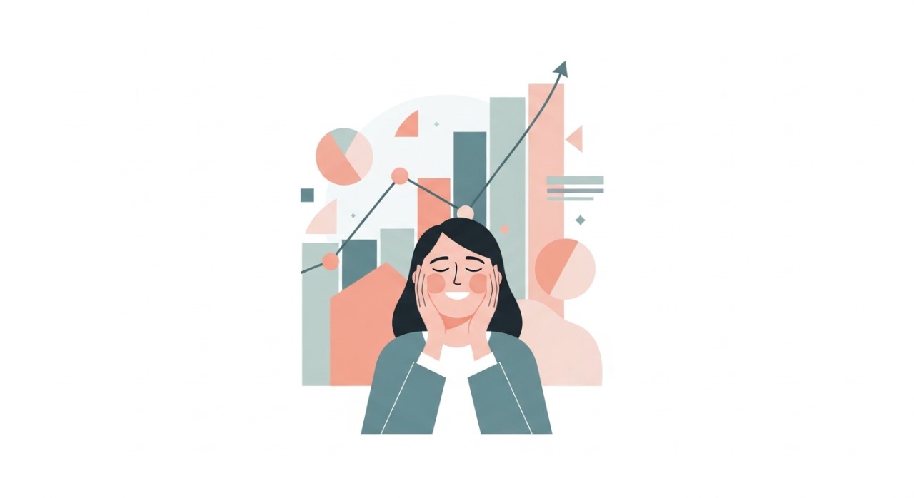 Seseorang sedang menunjukkan ekspresi gembira dan lega dengan latar belakang graf peningkatan kewangan.