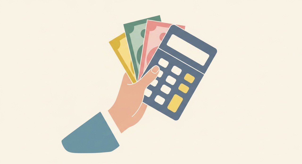 Tangan sedang memegang kalkulator dan beberapa wang kertas.