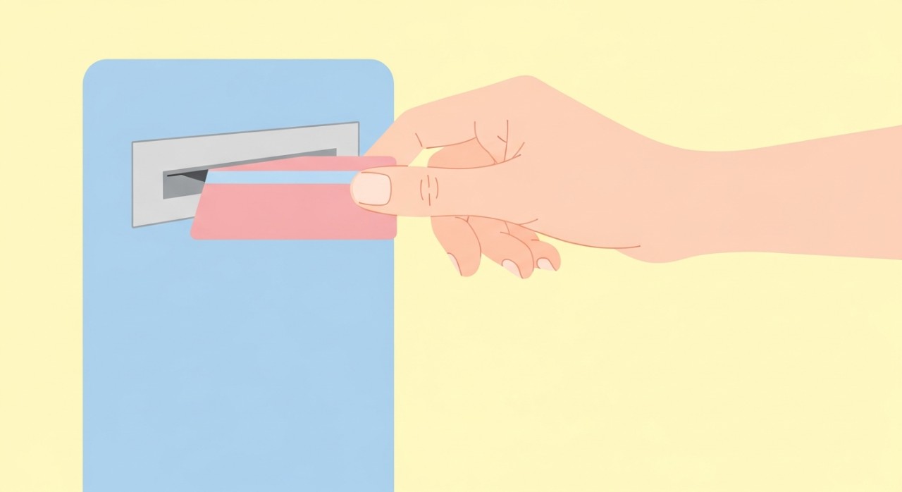 Pengguna sedang memasukkan kad ATM ke dalam slot mesin ATM bank