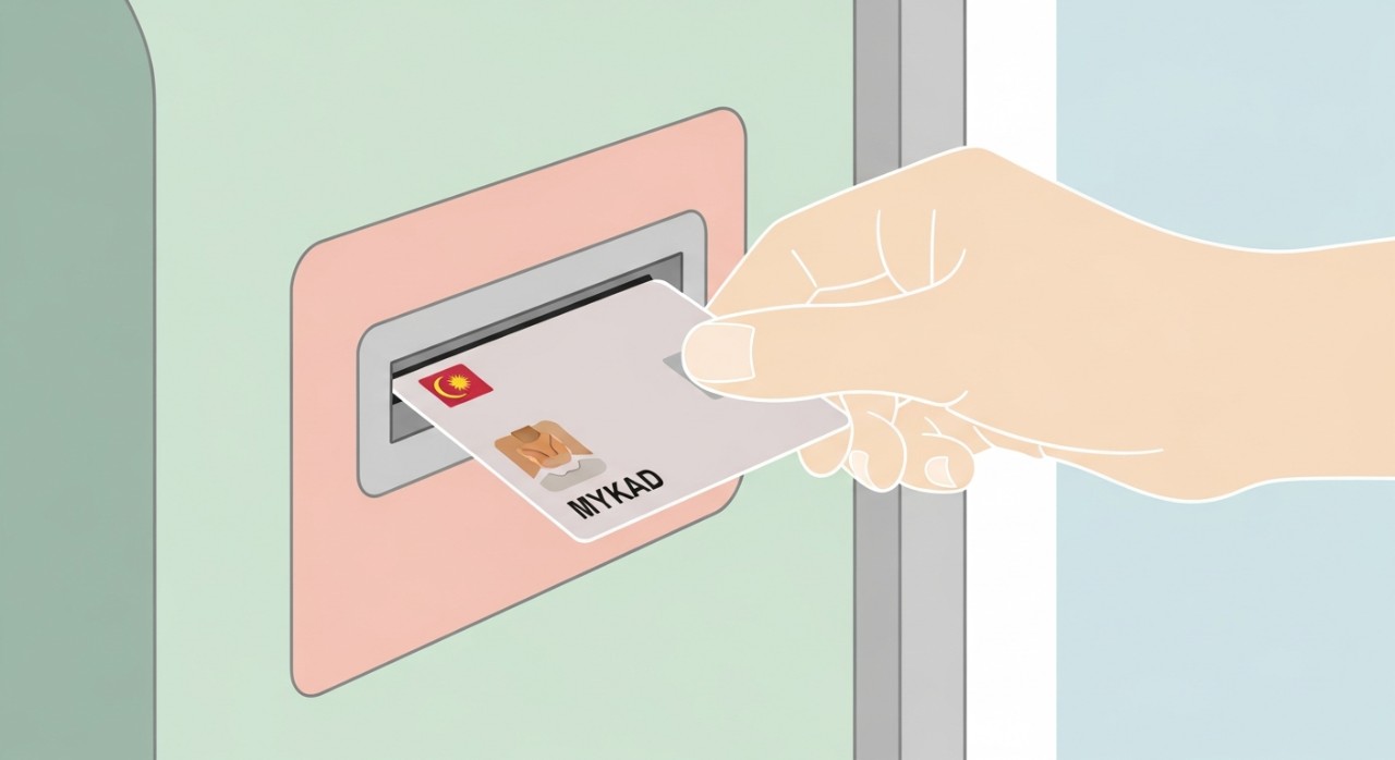 Tangan seseorang memasukkan MyKad atau kad pengenalan ke dalam slot pembaca kad pada mesin kiosk KWSP.