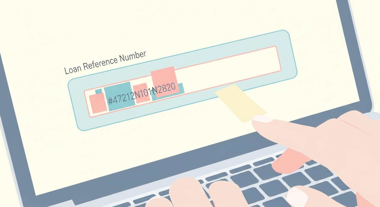 Jari menaip nombor rujukan pada medan input di skrin komputer riba untuk menyemak status pinjaman.