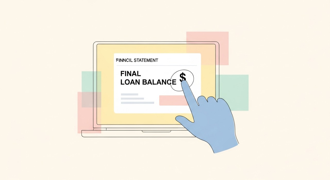 Tangan seseorang sedang menunjuk kepada angka baki akhir pinjaman yang tertera jelas pada skrin komputer riba.