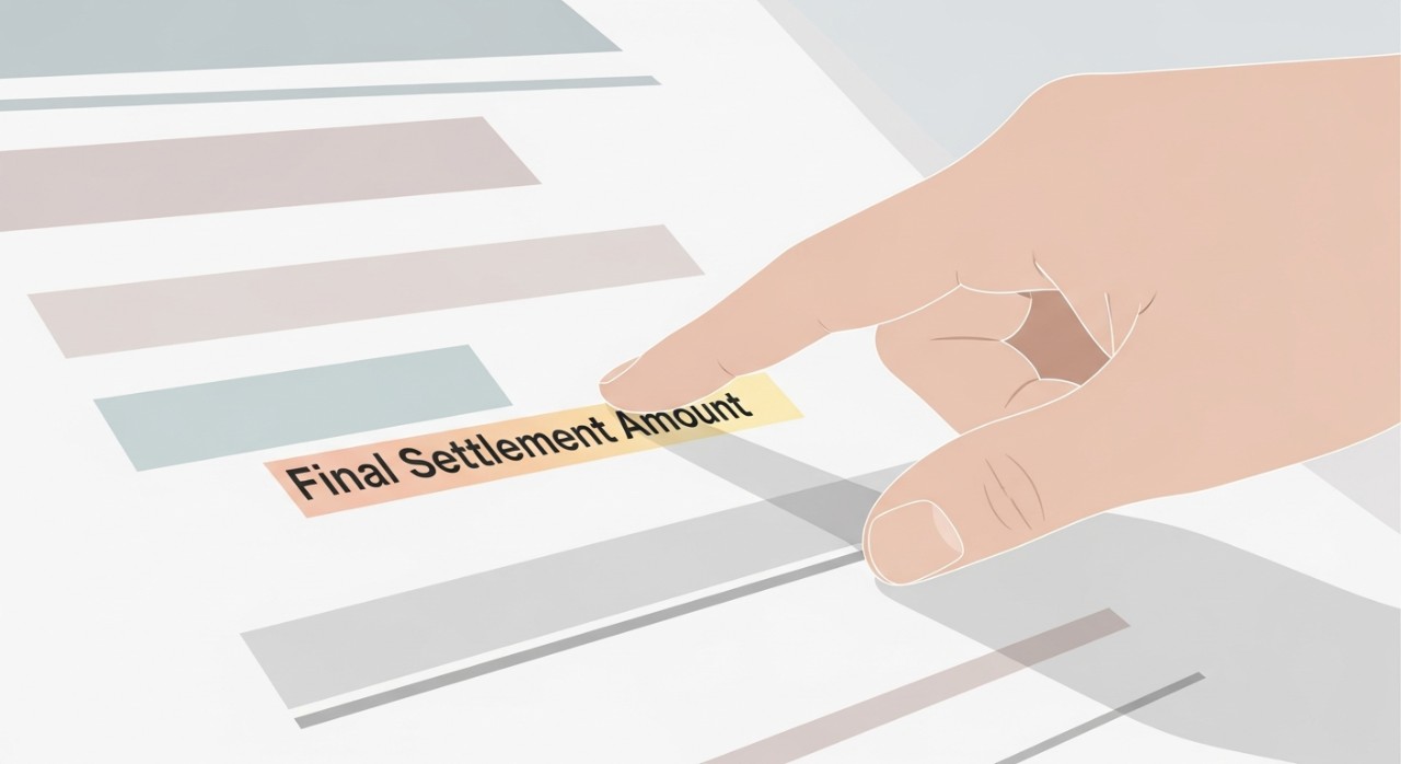 Close-up tangan menunjuk pada jumlah akhir dalam penyata kewangan yang dilabelkan sebagai 'Baki Penyelesaian'.