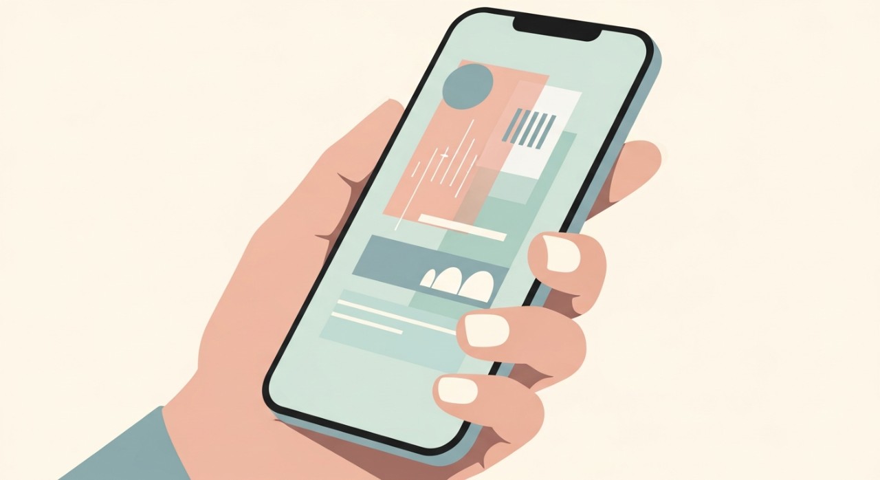 Tangan memegang telefon bimbit memaparkan maklumat baki pinjaman di skrin.