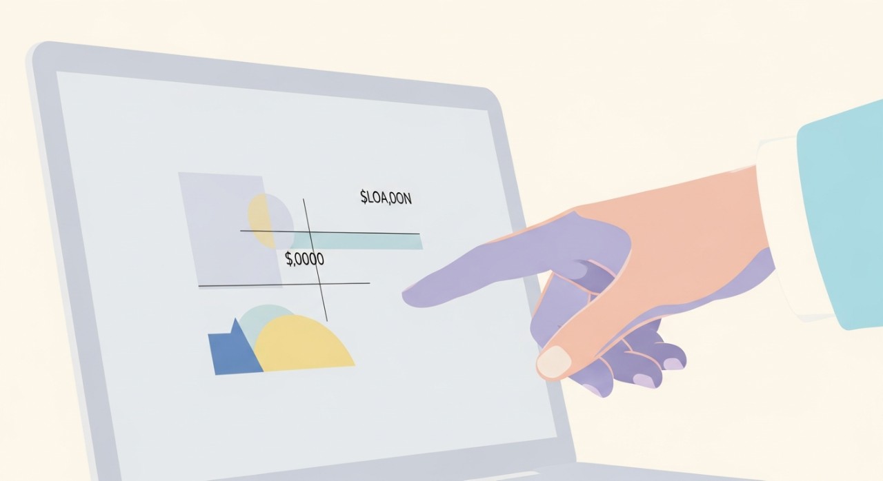 Tangan sedang menunjuk pada skrin komputer riba yang memaparkan data penyata kewangan atau baki pinjaman.