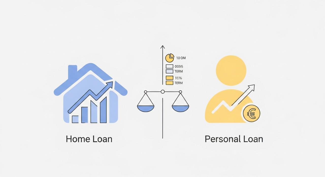 Dua ikon yang berbeza mewakili pinjaman rumah dan pinjaman peribadi, dengan elemen perbandingan di tengah.