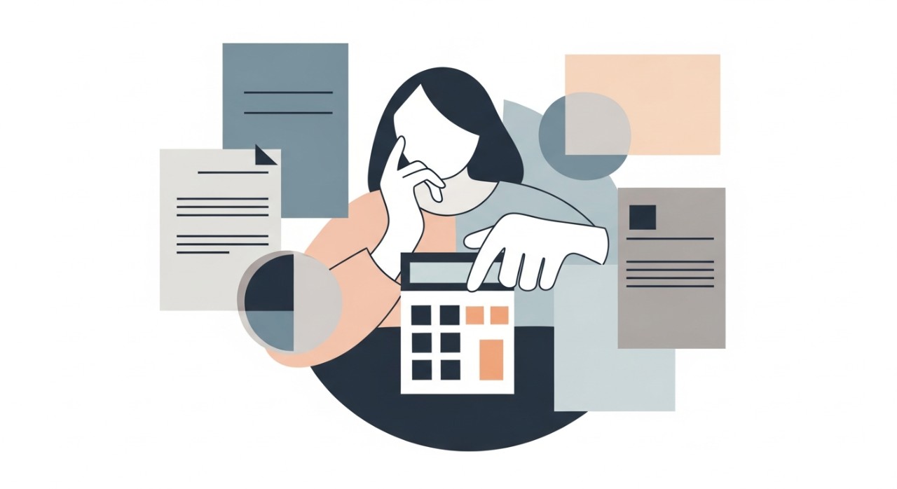 Seorang individu sedang mengira butiran bayaran balik pinjaman menggunakan kalkulator dan dokumen.