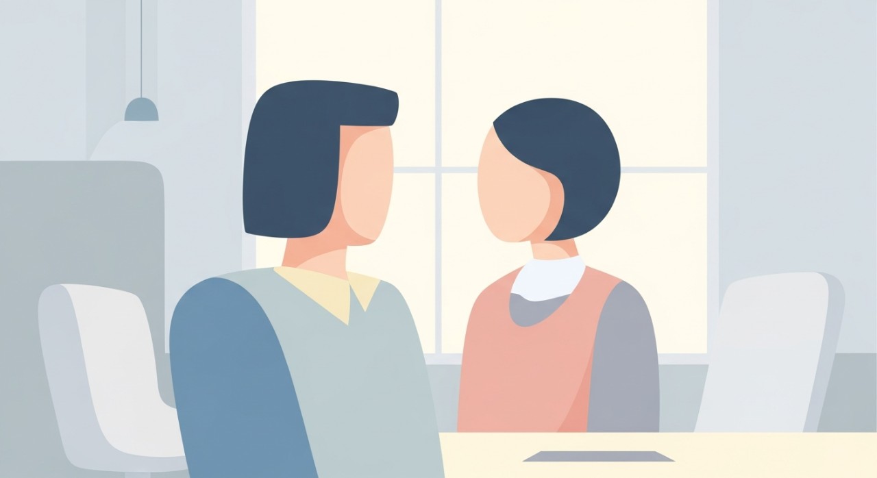 Dua individu sedang berbincang tentang jadual bayaran pinjaman rumah di sebuah pejabat.