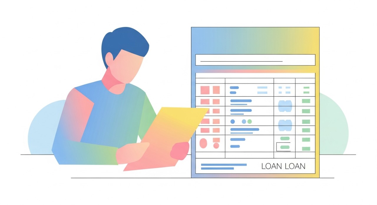 Seseorang sedang meneliti dokumen kewangan yang mengandungi jadual pembayaran balik pinjaman.