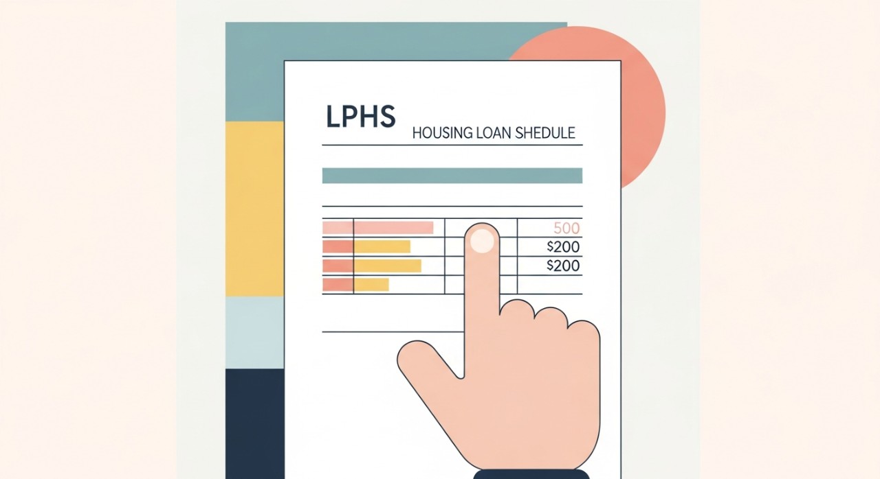 Tangan sedang menunjuk ke arah jadual pinjaman perumahan LPHS pada kertas.
