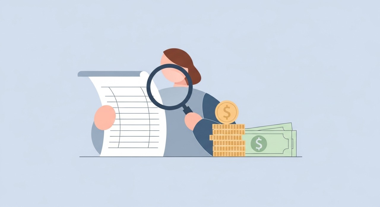 Seorang individu sedang meneliti dokumen kewangan dengan kaca pembesar, di samping timbunan duit syiling dan wang kertas.