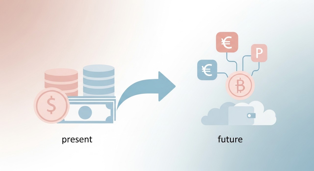 Cara Guna Fungsi PV dan FV: Perancangan Kewangan Peribadi 1 Ilustrasi visual yang menunjukkan perbandingan wang pada masa kini dan masa hadapan.