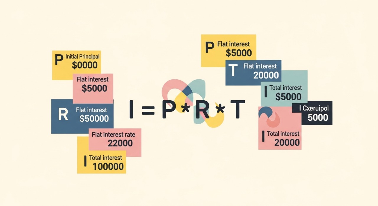 Visualisasi konsep kadar faedah rata dengan formula dan contoh pengiraan.