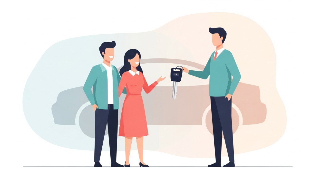 Pasangan muda kelihatan gembira menerima kunci kereta baharu mereka dari jurujual.