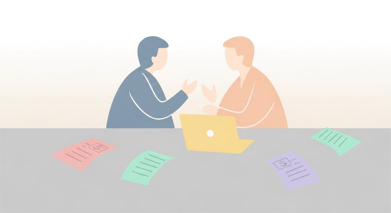 Jadual Pinjaman Islamik Kadar Tetap 2026: Panduan Lengkap 1 Dua orang sedang berbincang tentang dokumen kewangan di meja.