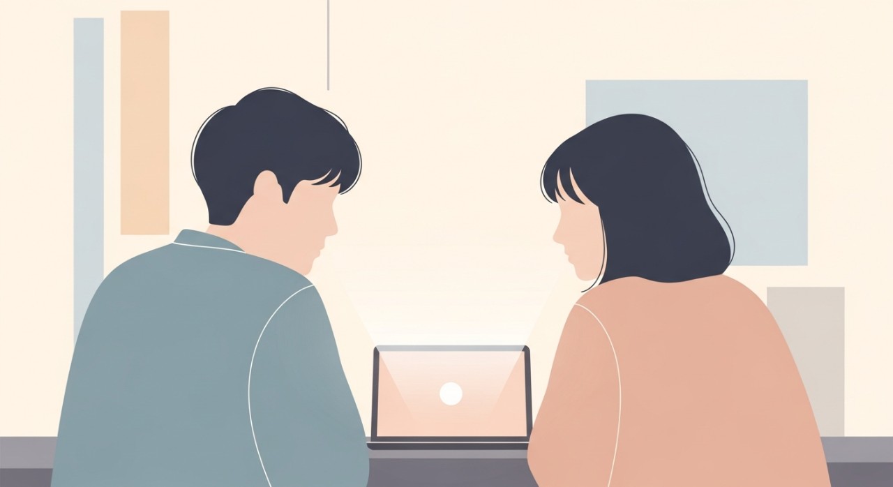 Pasangan muda sedang berbincang tentang terma pinjaman bank di hadapan komputer riba.