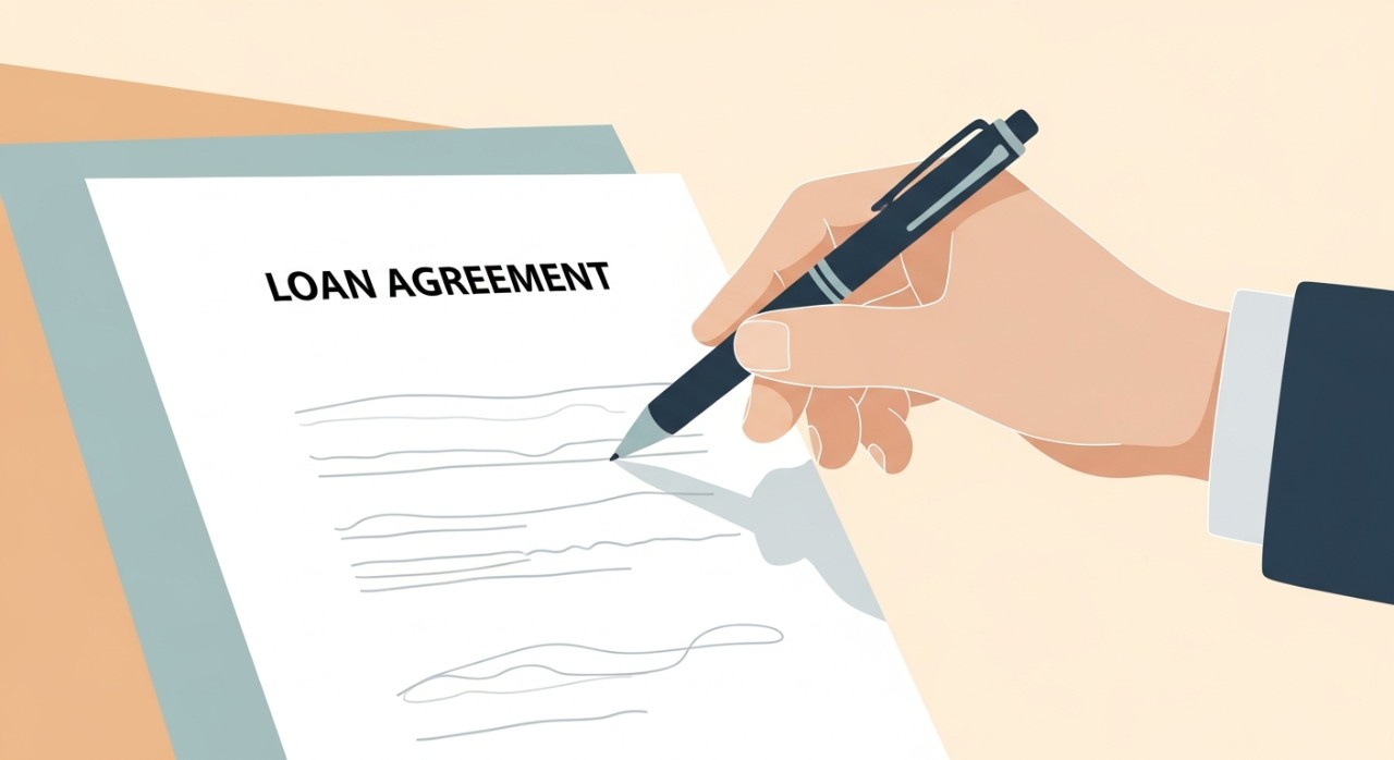 Jadual Bayaran Balik Pinjaman Peribadi 2026: Panduan Lengkap 1 Tangan memegang pen menunjuk pada bahagian dokumen perjanjian pinjaman.