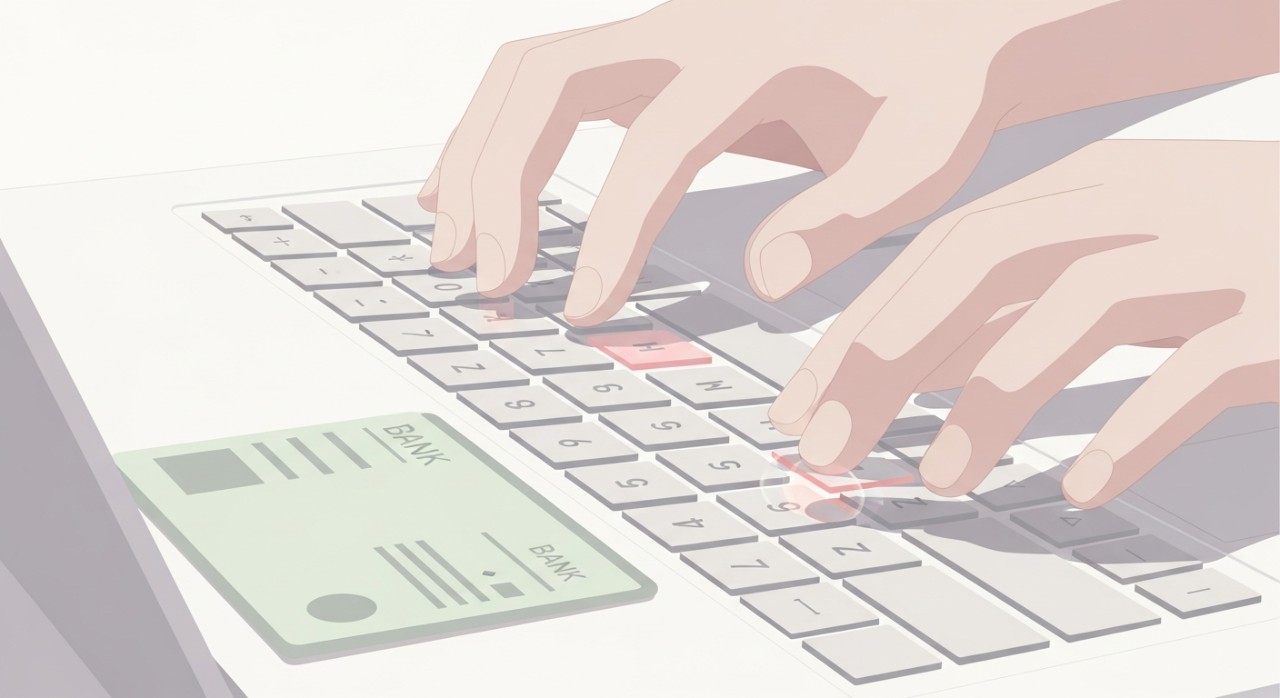 Maklumat Bank Diperlukan Semak Baki Akaun Anda 1 Tangan seseorang sedang menaip nombor akaun bank pada papan kekunci komputer riba.