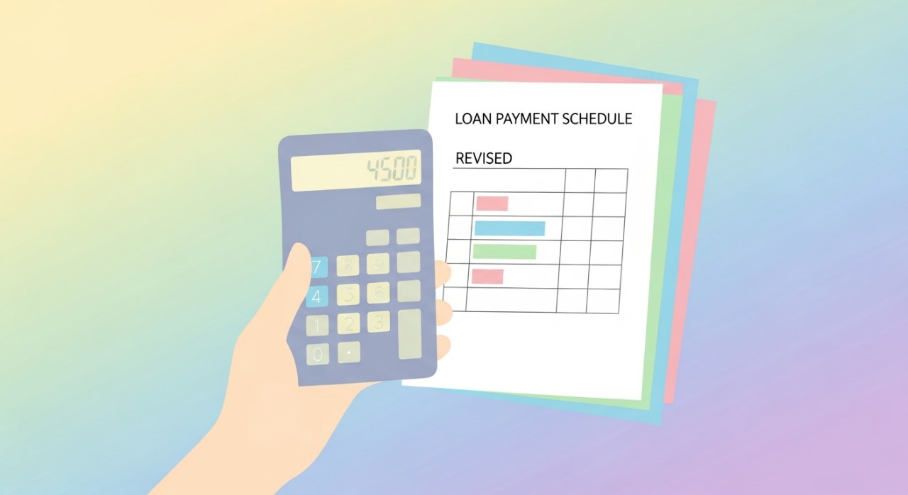 Cara Semak Jadual Pinjaman Selepas Bayaran Awal 2026 1 Tangan seseorang memegang kalkulator di hadapan jadual pembayaran pinjaman yang telah diubah.