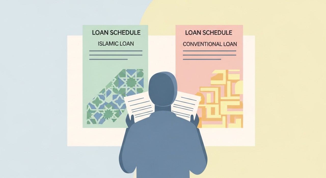 Jadual Pinjaman Islamik dan Konvensional 2026 1 Seseorang sedang meneliti dan membandingkan dua dokumen jadual pinjaman, satu Islamik dan satu konvensional.