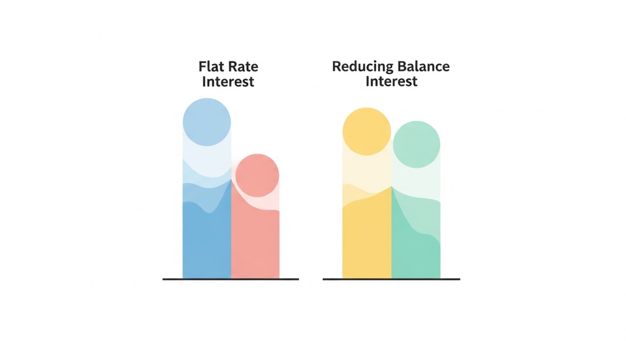 Dua pilihan pinjaman kereta dengan kadar faedah dan tempoh berbeza ditunjukkan secara perbandingan pada skrin.