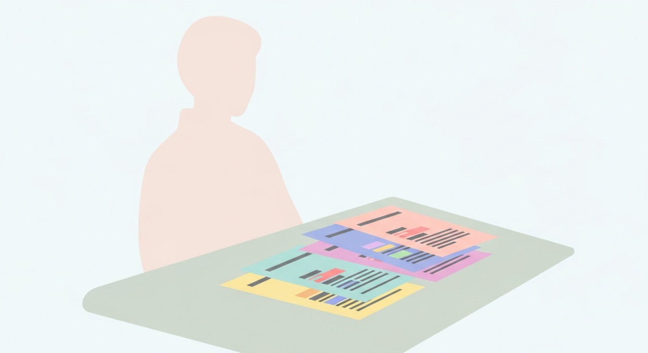 Seseorang sedang membandingkan dokumen pinjaman dengan kadar faedah yang berbeza di atas meja.