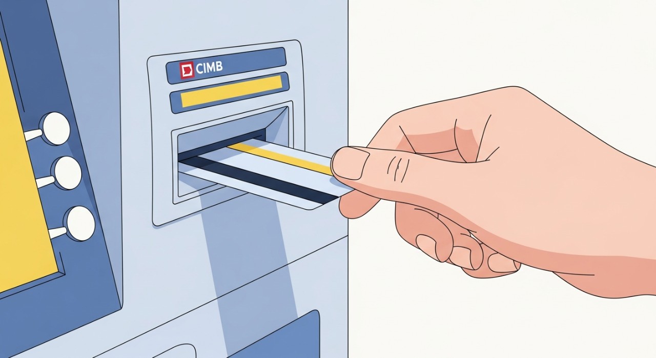 Tangan seseorang sedang memasukkan kad ke dalam mesin ATM CIMB untuk membuat bayaran pinjaman.