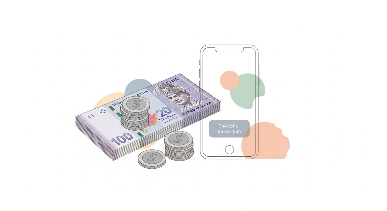 Ikon telefon pintar di sebelah timbunan wang kertas dan duit syiling yang mewakili transaksi kewangan digital yang berjaya.