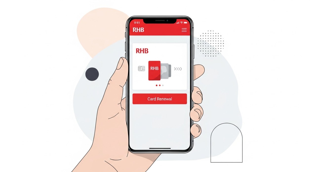 Skrin telefon pintar memaparkan antaramuka aplikasi perbankan RHB dengan tetingkap pop-up untuk proses pembaharuan kad.