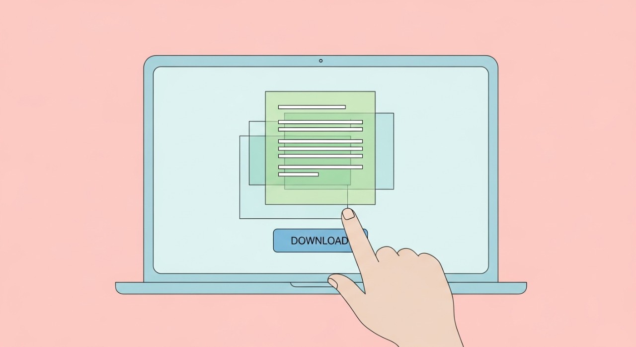 Tangan seseorang sedang menekan butang 'muat turun' penyata di skrin komputer riba.
