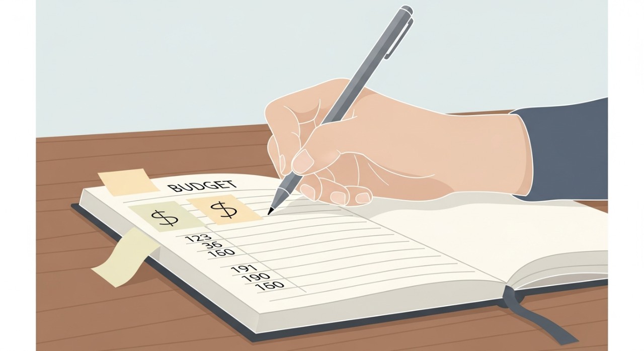 Tangan seseorang sedang menulis angka perbelanjaan harian di dalam buku nota yang dibuka di atas meja.