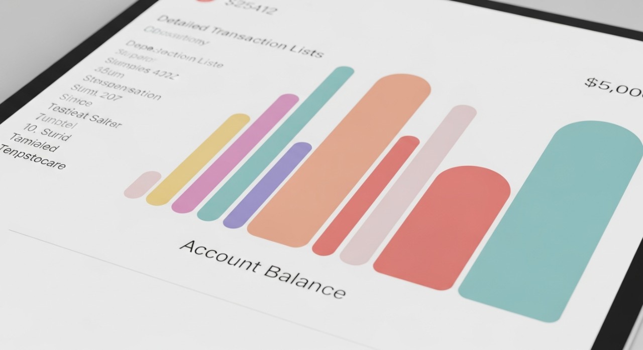 Close-up pada skrin tablet yang menunjukkan butiran transaksi dan baki dalam penyata digital.