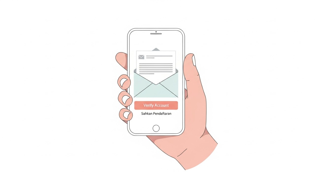 Tangan memegang telefon bimbit dengan notifikasi email pengesahan akaun terpapar di skrin.
