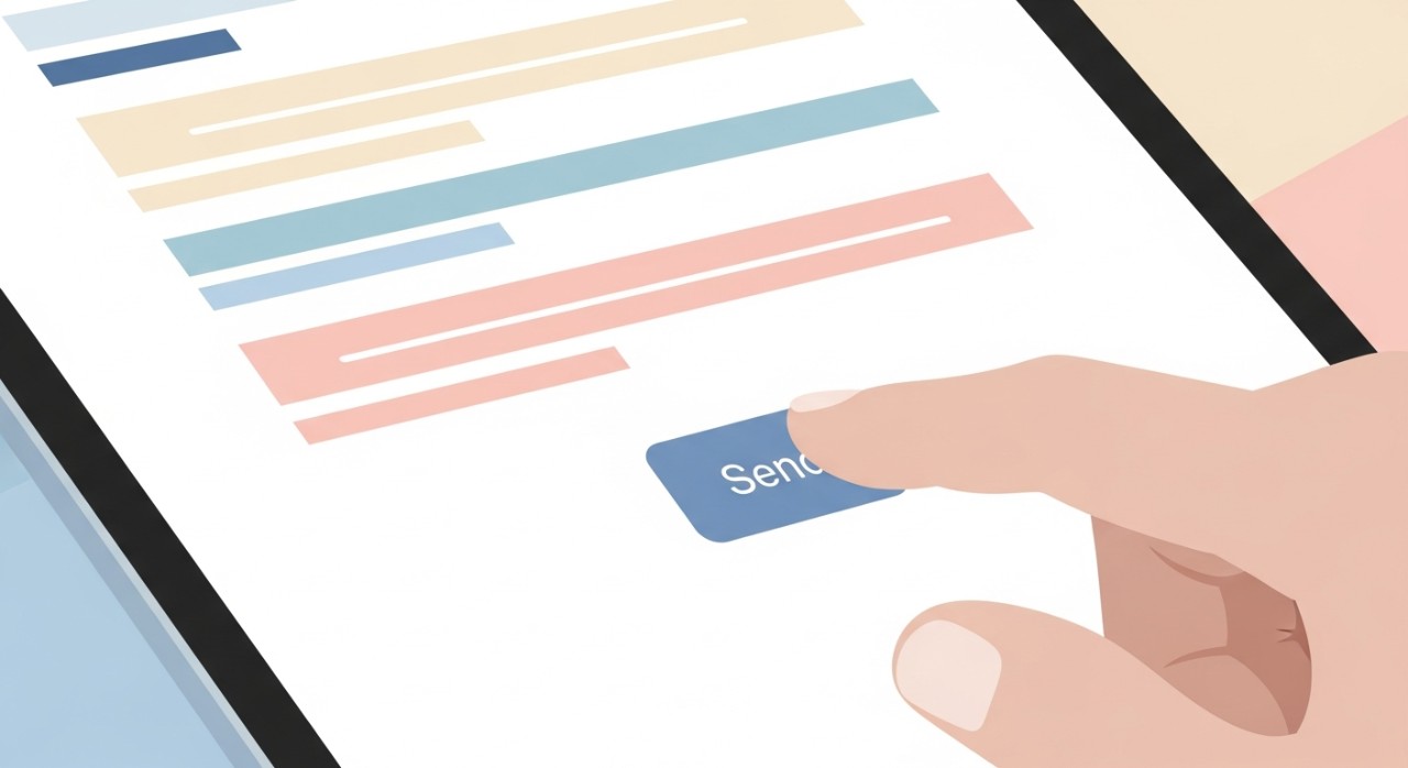 Tangan seseorang menekan butang hantar pada skrin tablet untuk menghantar permohonan semakan baki pinjaman rasmi.