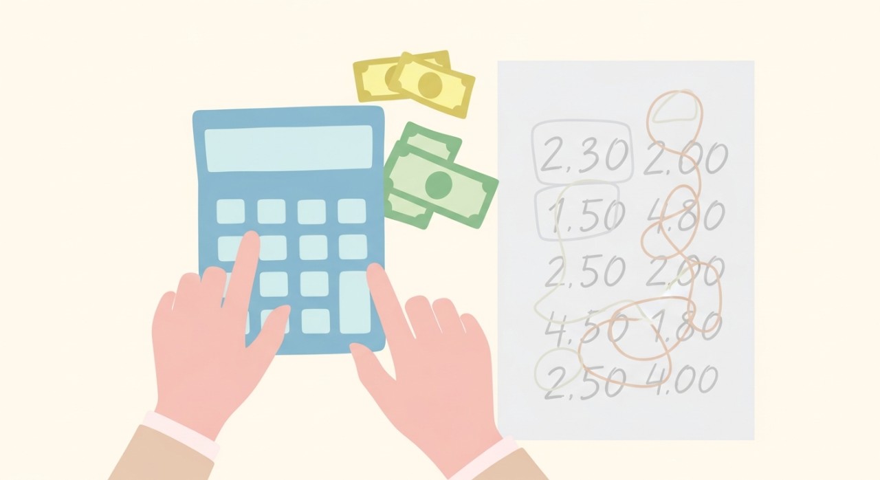 Tangan seseorang sedang menekan butang kalkulator di atas helaian kertas yang mengandungi angka-angka kewangan.