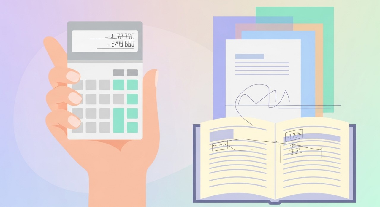 Tangan sedang menekan kalkulator di atas dokumen kewangan yang menunjukkan pengiraan baki pinjaman.