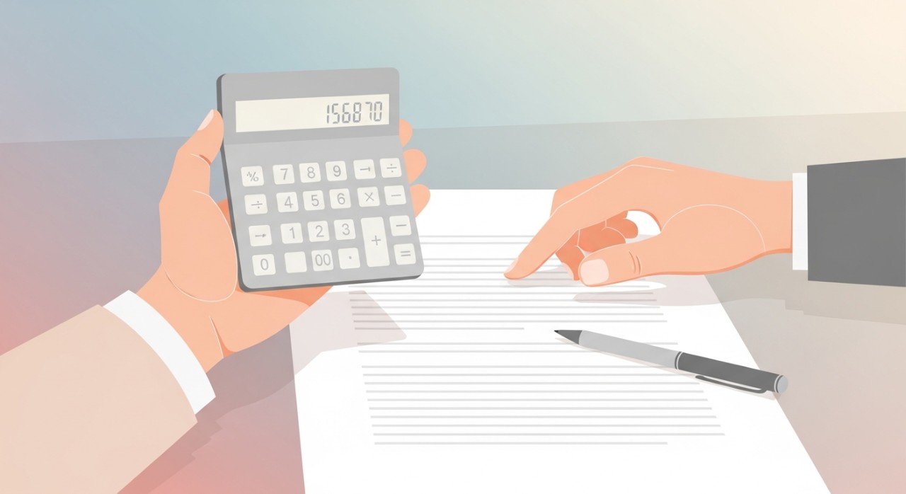 Jadual Pinjaman Kadar Faedah Rata 2026 Panduan Lengkap 1 Tangan seseorang sedang mengira pembayaran balik pinjaman bulanan menggunakan kalkulator.