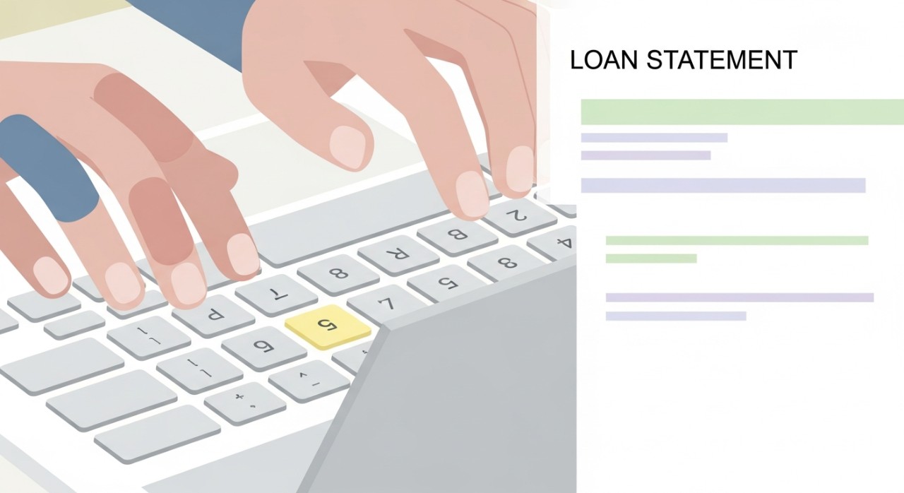 Penyata Baki Pinjaman untuk Cukai: Panduan Lengkap 1 Close-up tangan seseorang sedang menaip nombor di papan kekunci komputer riba semasa mengira cukai.