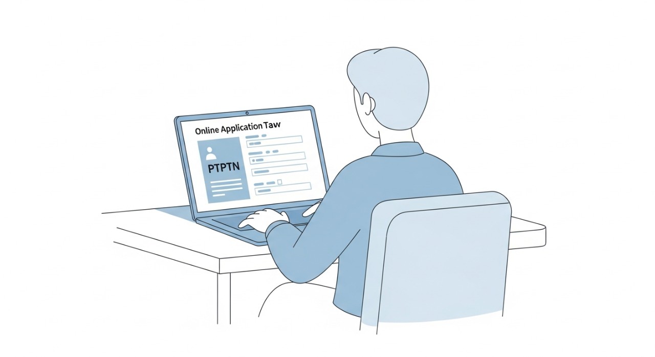 Seseorang sedang mengisi borang permohonan pinjaman PTPTN secara online menggunakan komputer riba.