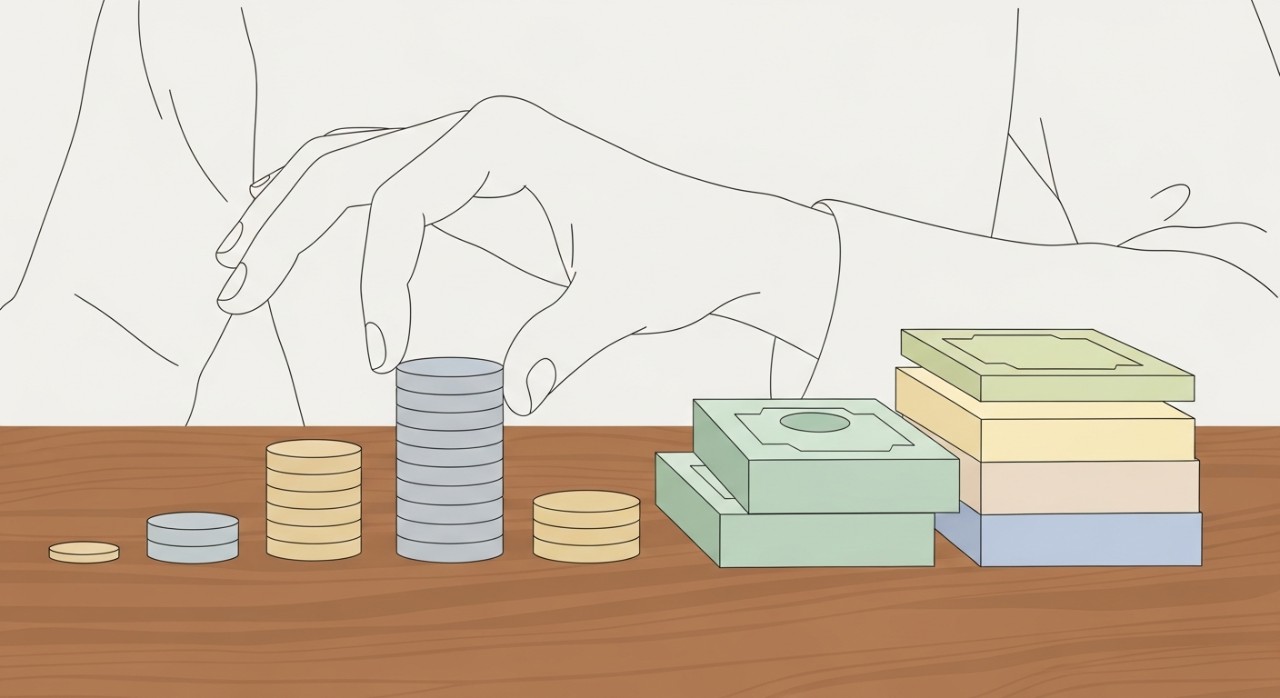 Pentingnya Semak Baki Pinjaman Berkala: Elak Terjerat Hutang 1 Tangan sedang menyusun duit syiling dan wang kertas di atas meja sebagai simbol pengurusan kewangan.
