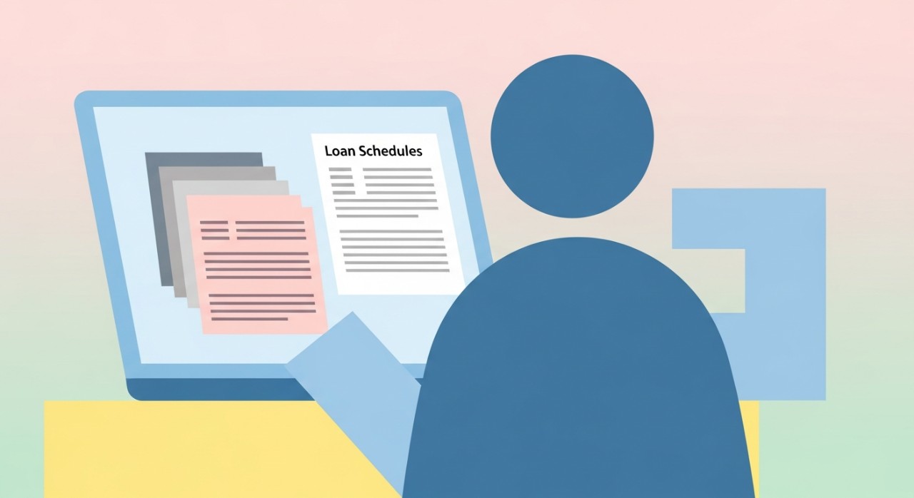 Seseorang sedang meneliti jadual dan butiran pinjaman pada komputer riba.