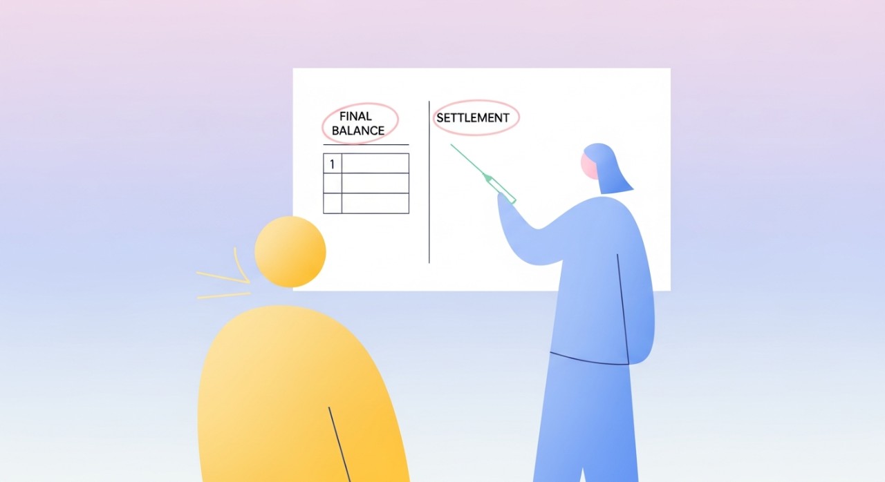 Seorang profesional kewangan menunjuk pada dua istilah, baki akhir dan penyelesaian, pada papan putih di hadapan seorang pelanggan.