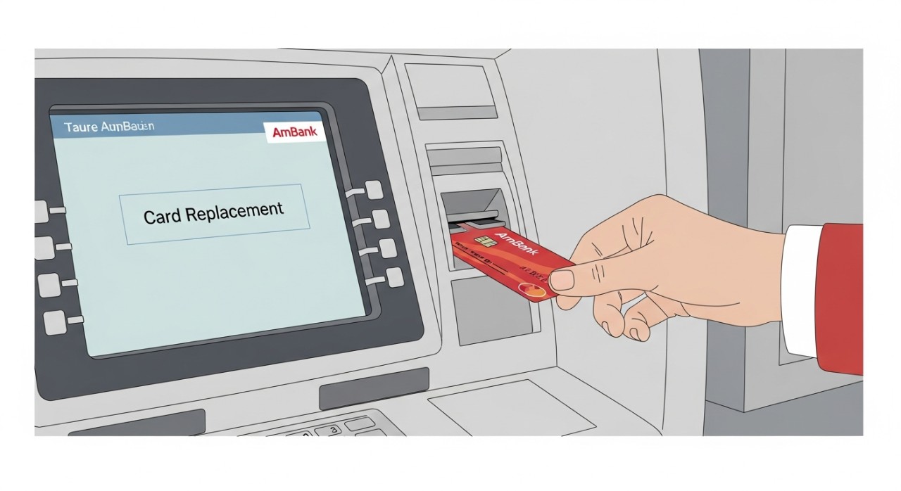 Cara Tukar Kad Debit ATM AmBank Tanpa Pening Kepala 1 Tangan seseorang sedang memasukkan kad ke dalam slot mesin ATM AmBank di kaunter perkhidmatan cawangan.