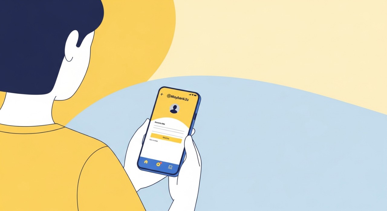 Paparan skrin log masuk Maybank2u pada telefon pintar, fokus kepada ikon tetapan atau profil pengguna.