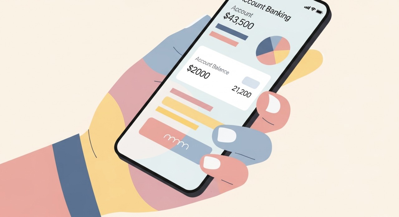 Tangan memegang telefon bimbit menunjukkan paparan baki akaun atau pinjaman dalam aplikasi perbankan mudah alih.