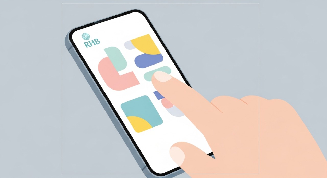Cara Semak Baki Pinjaman RHB Mobile Banking 2026 1 Jari menyentuh skrin telefon pintar untuk mengakses maklumat baki pinjaman RHB.