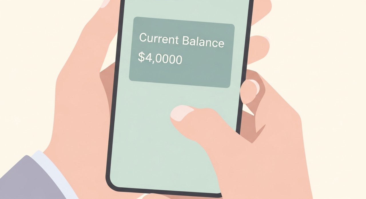 Tangan seseorang sedang memegang telefon pintar untuk menyemak baki kewangan semasa.