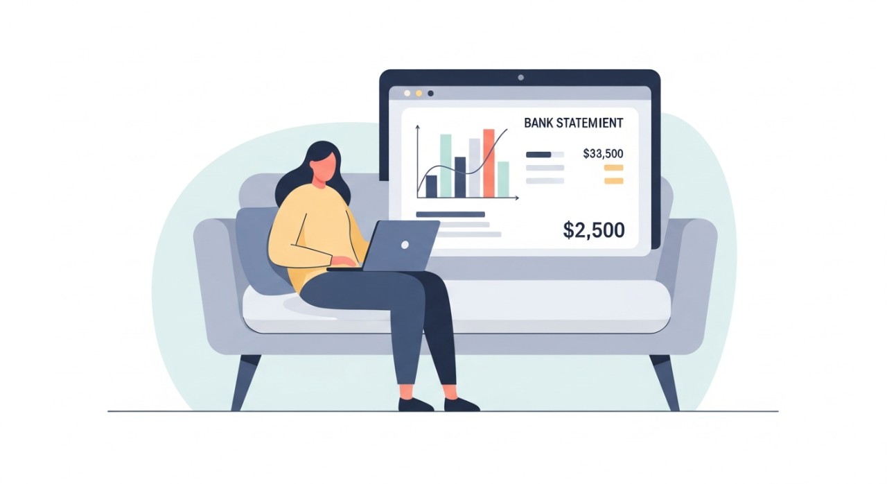 Seorang individu sedang duduk santai sambil melihat dokumen penyata akaun di komputer riba.