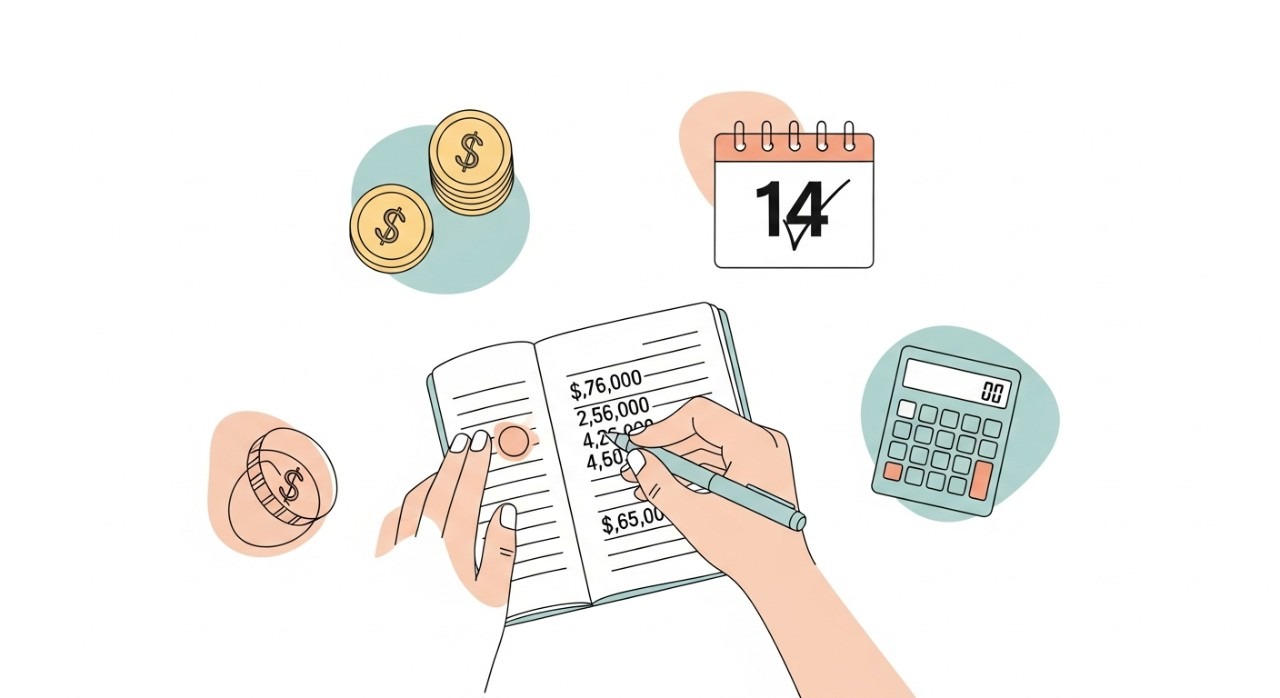 7 Cara Selesaikan Hutang Kad Kredit Paling Efektif & Terkini 1 Sebuah tangan sedang menulis angka-angka dalam buku catatan peribadi untuk membuat bajet pembayaran hutang bulanan.