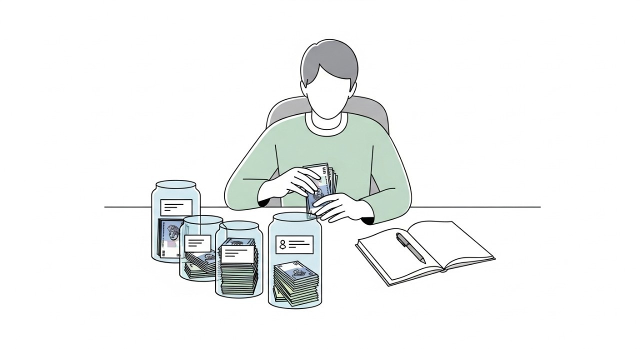 Seorang individu sedang duduk di meja, menyusun wang kertas dan syiling ke dalam beberapa kategori bajet yang dilabelkan.